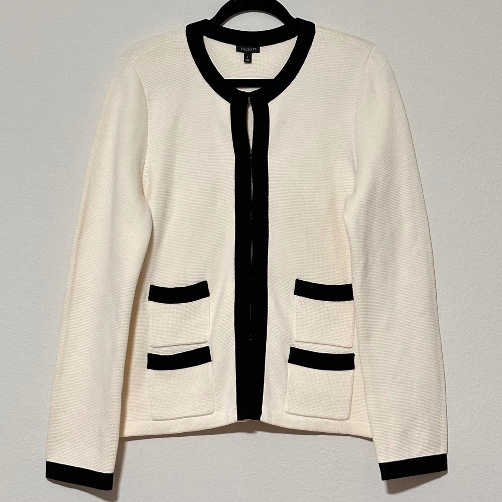 Talbots Off White Black Trim Cashmere Blend Cardigan Sweater Jacket Women L $169